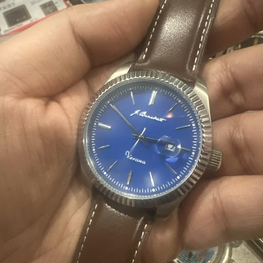 Working J. Brackett Mens Watch 43mm Verona Blue Dial Brown Leather Quartz 5 ATM